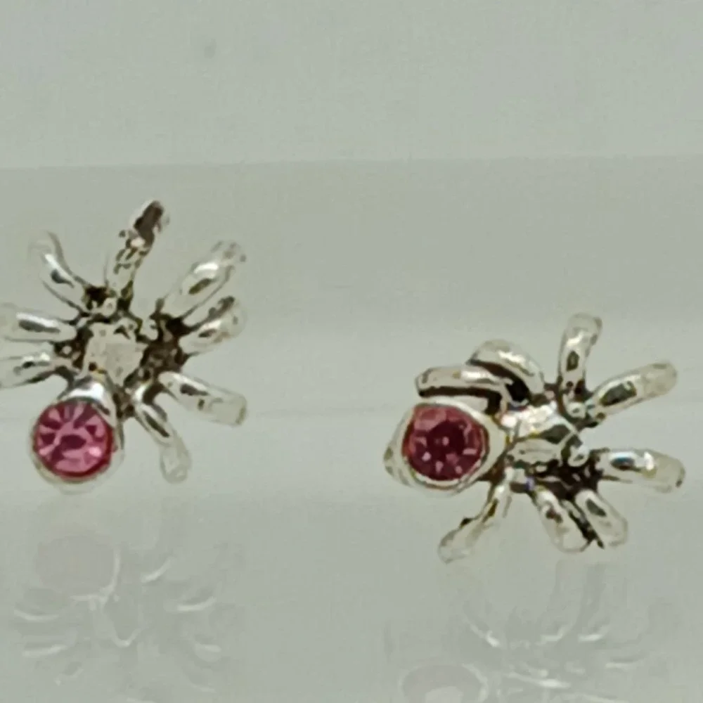 925 Sterling Silver Pink Rhinestone Spider Stud Earrings Arachnid Jewelry